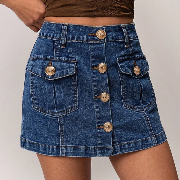 Dresses & Skirts - Blue Casual Women's Front & Middle Zipper Washed Denim Skirt